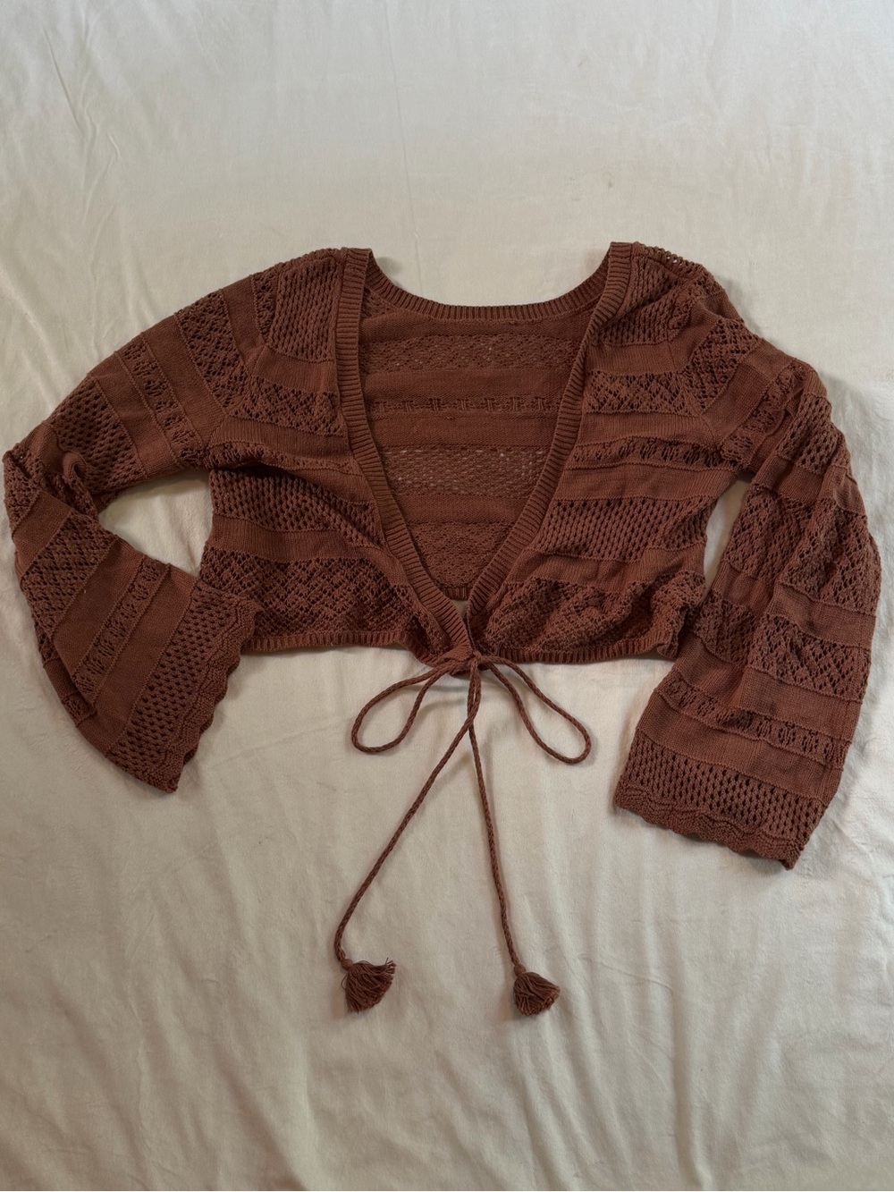aerie Rust Brown Crochet Tie-Front Crop Cardigan